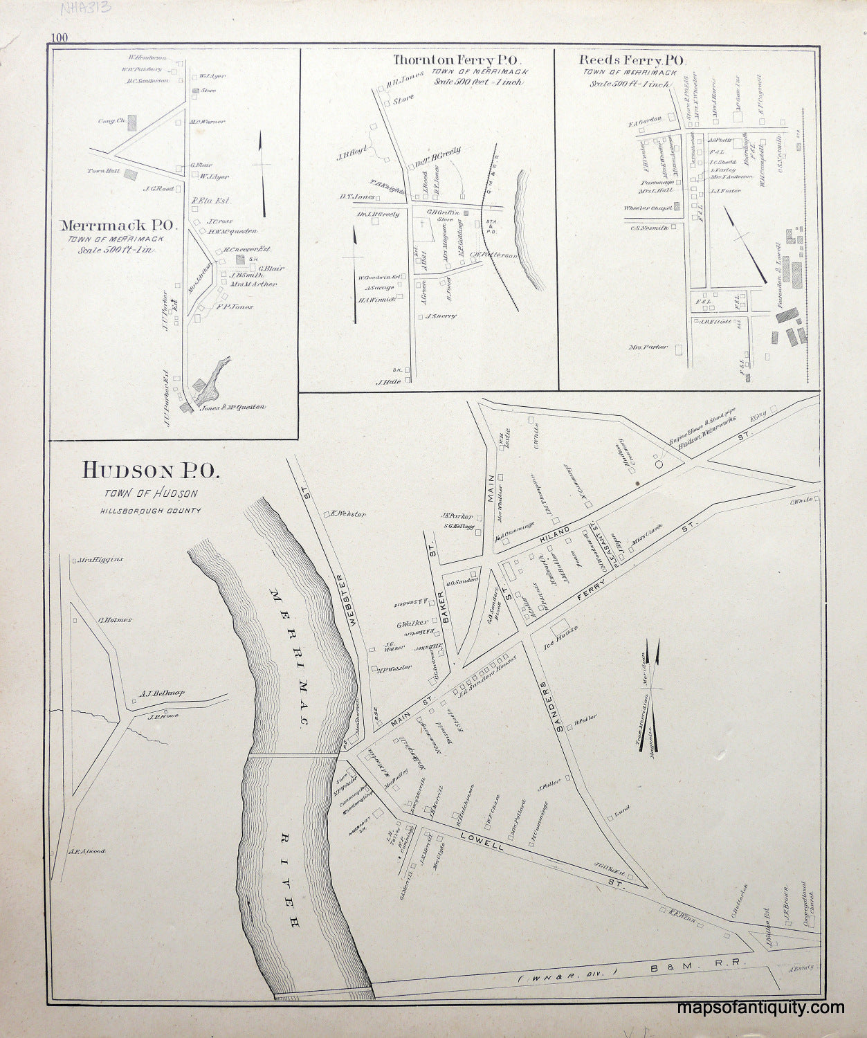 Antique-Map-Hudson-P.O./-Merrimack-P.O./-Thornton-Ferry-P.O./-Reeds-Ferry-P.O.-(NH)-New-Hampshire--1892-Hurd-Maps-Of-Antiquity