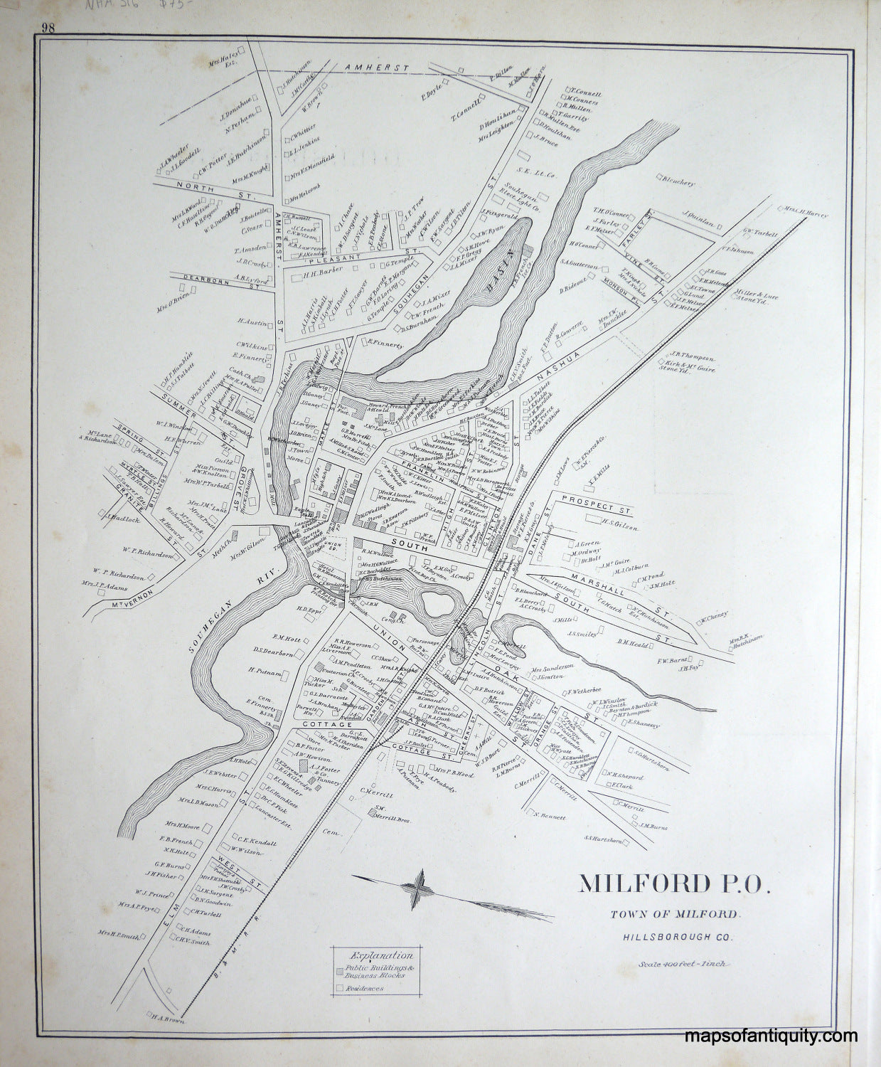 Antique-Map-Milford-P.O.-(NH)-**********-New-Hampshire--1892-Hurd-Maps-Of-Antiquity