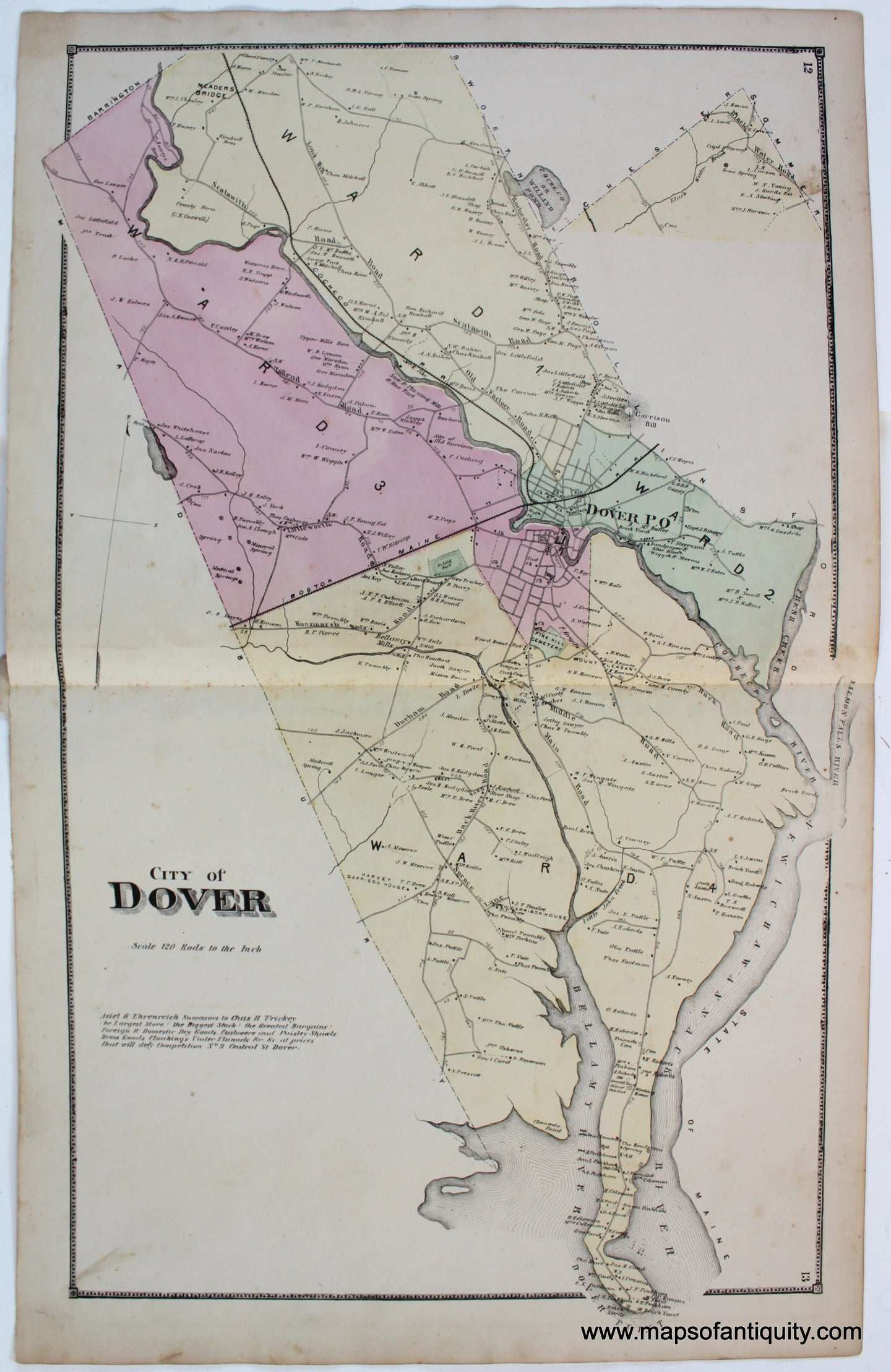 Antique-Map-City-of-Dover-Strafford-County-Town-Towns-New-Hampshire-NH-Sanford-Everts-1871-1870s-1800s-Mid-Late-19th-Century-Maps-of-Antiquity