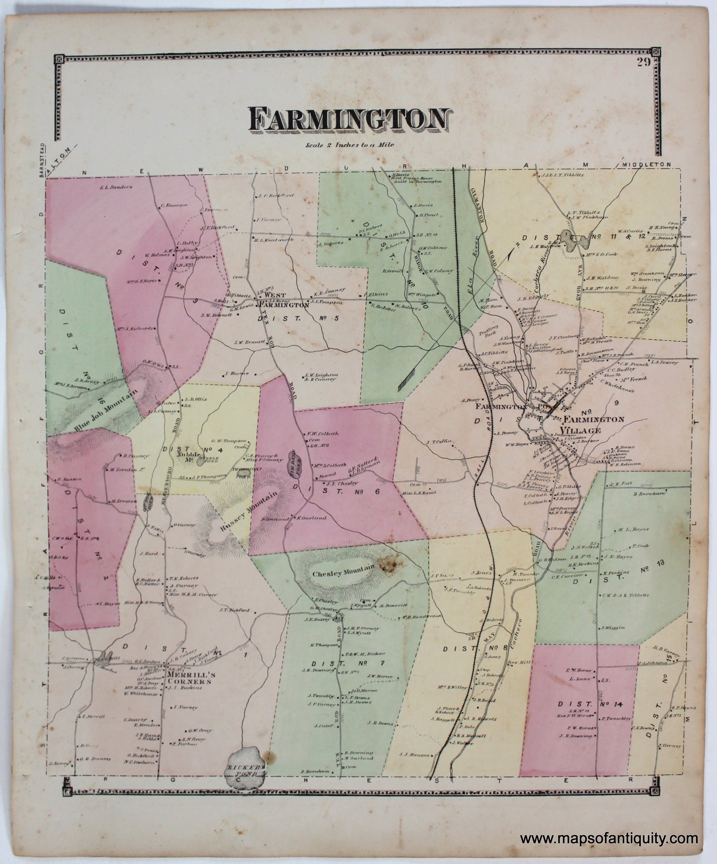 Antique-Map-Farmington-Strafford-County-Town-Towns-New-Hampshire-NH-Sanford-Everts-1871-1870s-1800s-Mid-Late-19th-Century-Maps-of-Antiquity