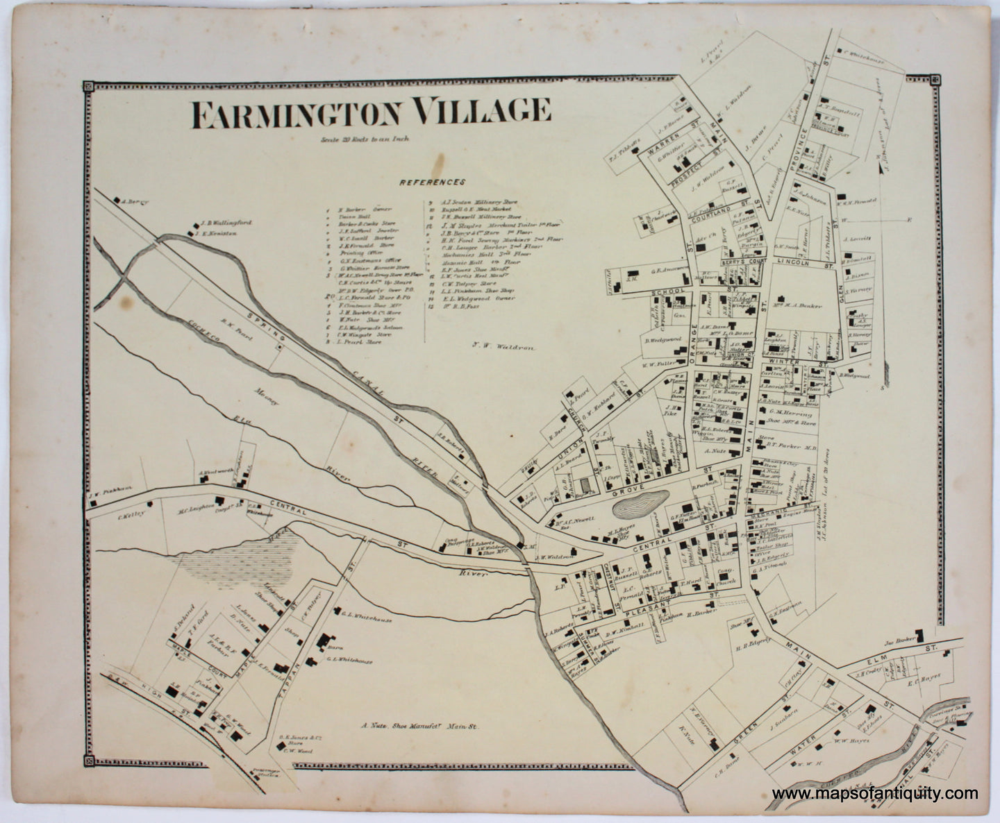 Antique-Map-Farmington-Village-Strafford-County-Town-Towns-New-Hampshire-NH-Sanford-Everts-1871-1870s-1800s-Mid-Late-19th-Century-Maps-of-Antiquity