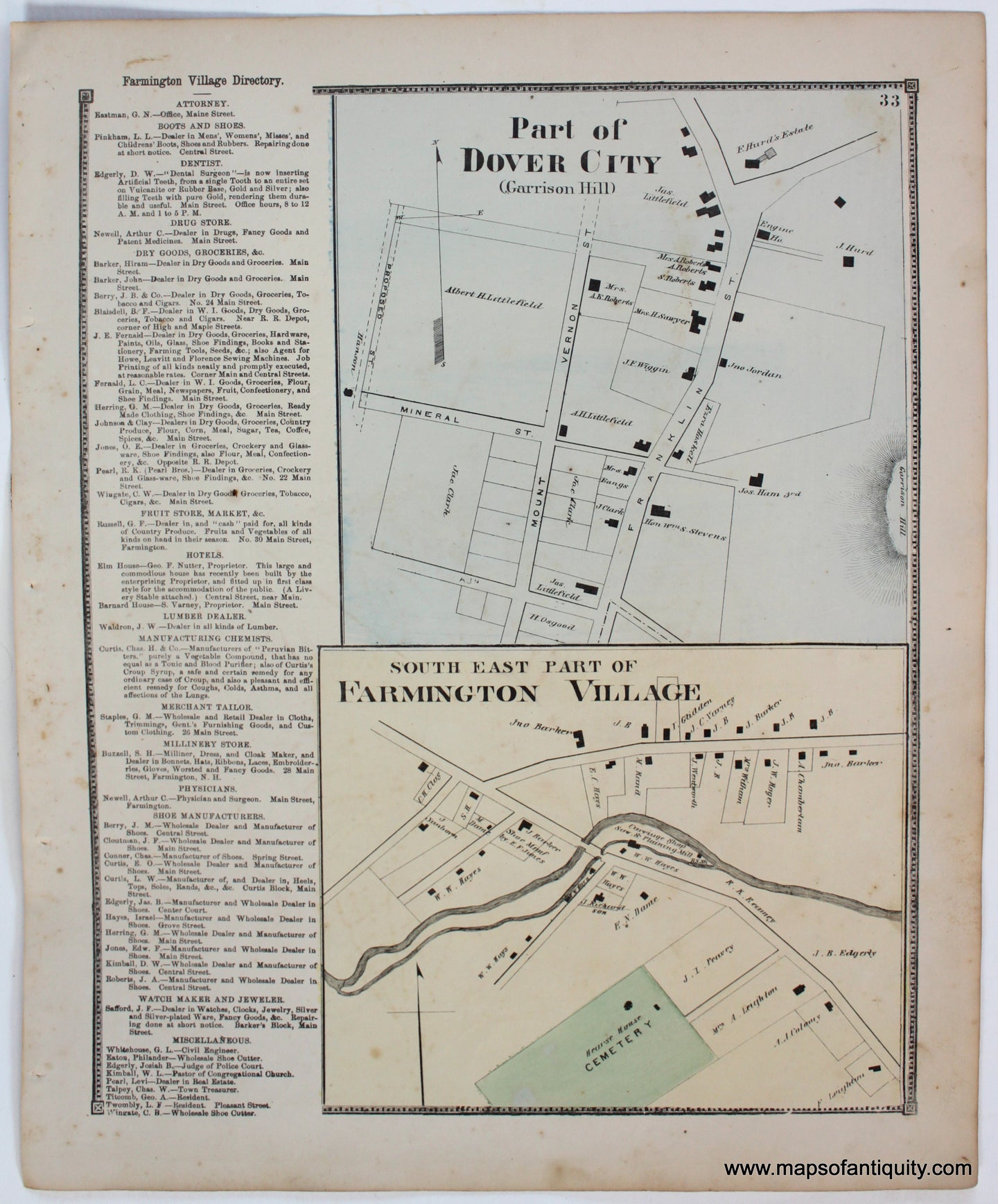 Antique-Map-Part-of-Dover-City-Garrison-Hill-South-East-Part-of-Farmington-Village-Strafford-County-Town-Towns-New-Hampshire-NH-Sanford-Everts-1871-1870s-1800s-Mid-Late-19th-Century-Maps-of-Antiquity