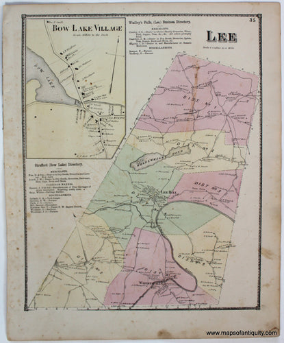 Antique-Map-Lee-Bow-Lake-Village-Strafford-County-Town-Towns-New-Hampshire-NH-Sanford-Everts-1871-1870s-1800s-Mid-Late-19th-Century-Maps-of-Antiquity