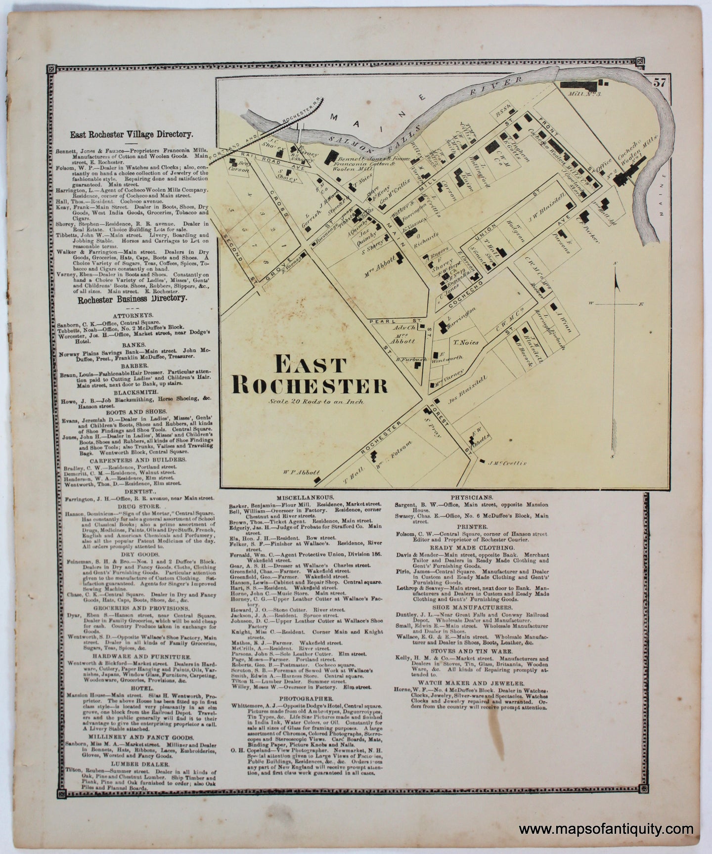 Antique-Map-East-Rochester-Strafford-County-Town-Towns-New-Hampshire-NH-Sanford-Everts-1871-1870s-1800s-Mid-Late-19th-Century-Maps-of-Antiquity