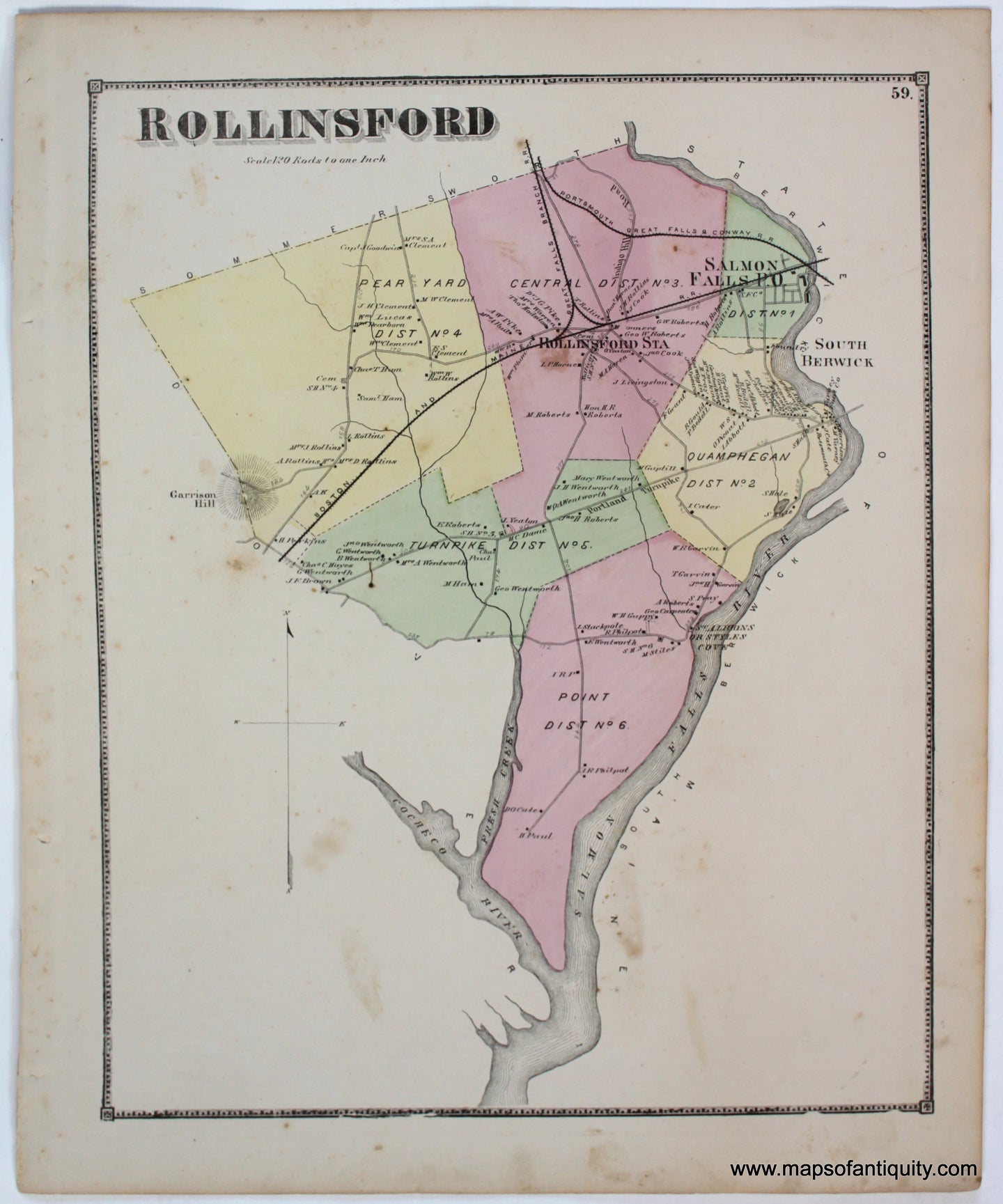Antique-Map-Rollinsford-Strafford-County-Town-Towns-New-Hampshire-NH-Sanford-Everts-1871-1870s-1800s-Mid-Late-19th-Century-Maps-of-Antiquity
