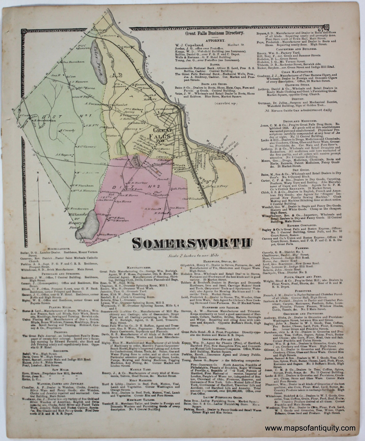 Antique-Map-Somersworth-Strafford-County-Town-Towns-New-Hampshire-NH-Sanford-Everts-1871-1870s-1800s-Mid-Late-19th-Century-Maps-of-Antiquity