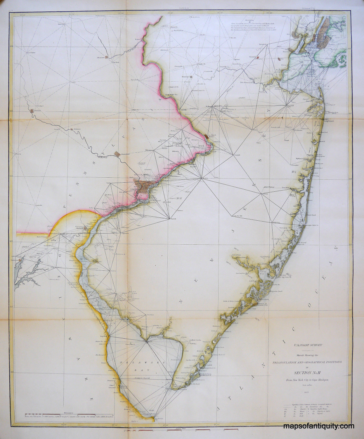 Hanc-Colored-Antique-Coastal-Chart-From-New-York-City-to-Cape-Henlopen--Sketch-Showing-the-Triangulation-&-Geographical-Positions-in-Section-No.-II-**********-United-States-Northeast-1877-U.S.-Coast-Survey-Maps-Of-Antiquity