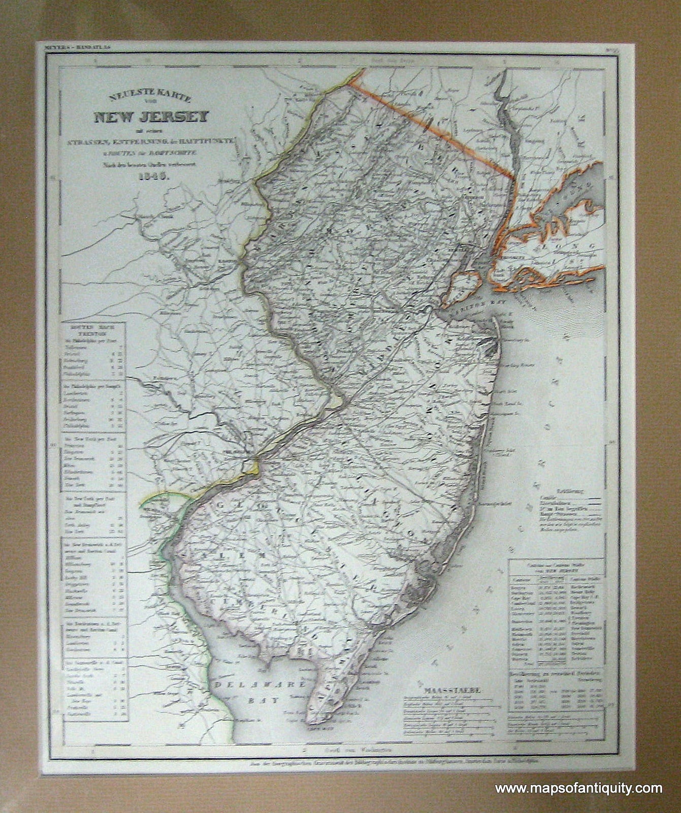 Antique-Hand-Colored-Map-Neueste-Karte-von-New-Jersey-mit-seinen-Strassen-Entfernung-der-Hauptpunkte-u.-Routen-fur-Dampfschiffe.--Northeast-1846-Meyer-Maps-Of-Antiquity