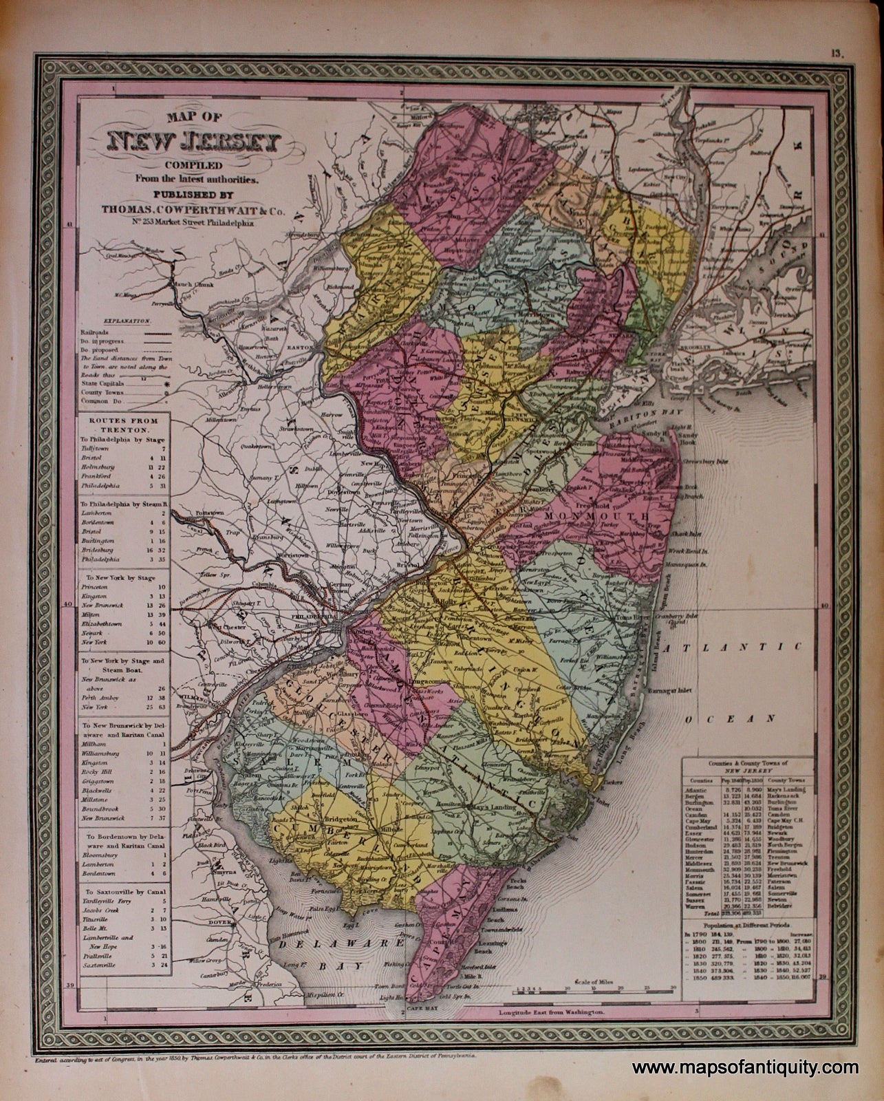 Antique-Hand-Colored-Map-Map-of-New-Jersey.-**********-United-States-Northeast-1850-Mitchell/Cowperthwait-Desilver-&-Butler-Maps-Of-Antiquity