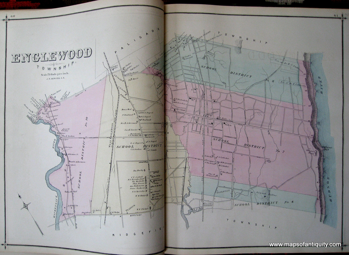 Antique-Hand-Colored-Map-Englewood-Township-(NJ)-New-Jersey--1876-Walker-and-Pease-Maps-Of-Antiquity