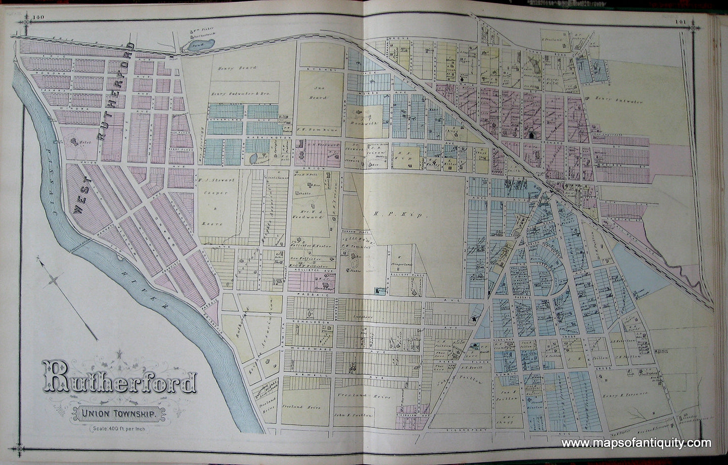 Antique-Hand-Colored-Map-and-engravings-Rutherford-Union-Township-(NJ)-New-Jersey--1876-Walker-and-Pease-Maps-Of-Antiquity