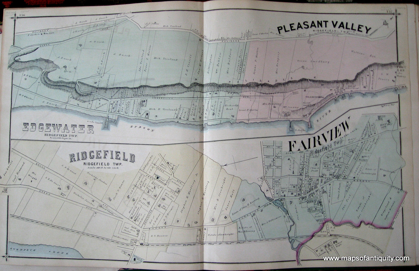 Antique-Hand-Colored-Map-and-engravings-Edgewater-Pleasant-Valley-Ridgefield-Fairview-(NJ)-New-Jersey--1876-Walker-and-Pease-Maps-Of-Antiquity