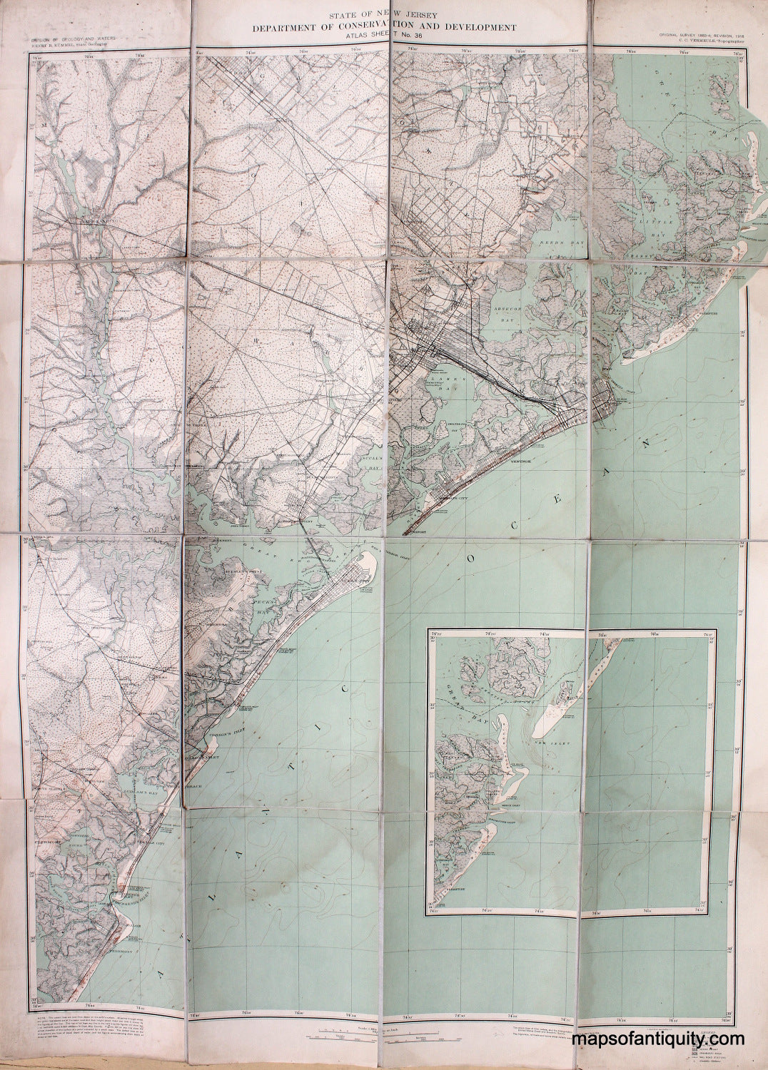 Antique-Folding-Topographical-Map-Printed-Color-Atlantic-City-New-Jersey-Atlas-Sheet-No.-36-New-Jersey-Folding-Maps-1916-State-of-New-Jersey-Department-of-Conservation-and-Development-Maps-Of-Antiquity