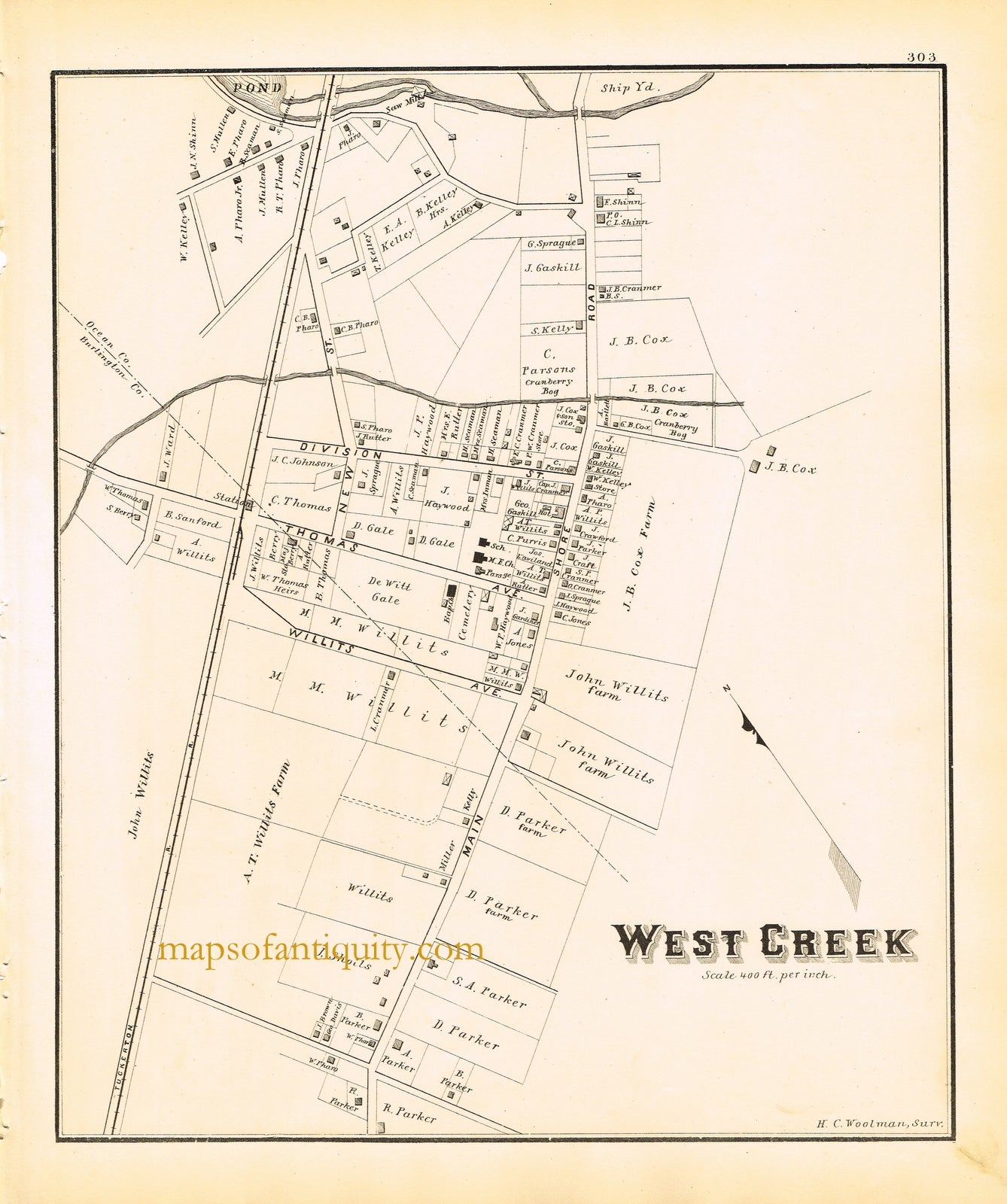 Black-and-White-Engraved-Antique-Map-West-Creek-N.J.-United-States-New-Jersey-1878-Woolman-&-Rose-Maps-Of-Antiquity