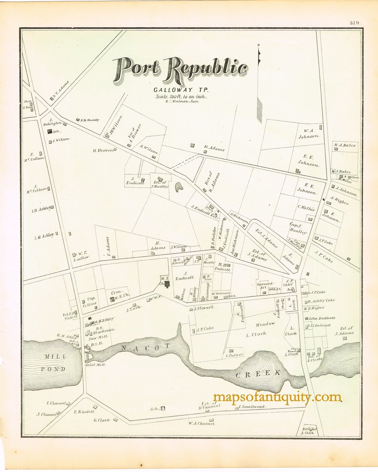 Antique-Hand-Colored-Map-Port-Republic-N.J.-Gallaway-Tp.--United-States-New-Jersey-1878-Woolman-&-Rose-Maps-Of-Antiquity