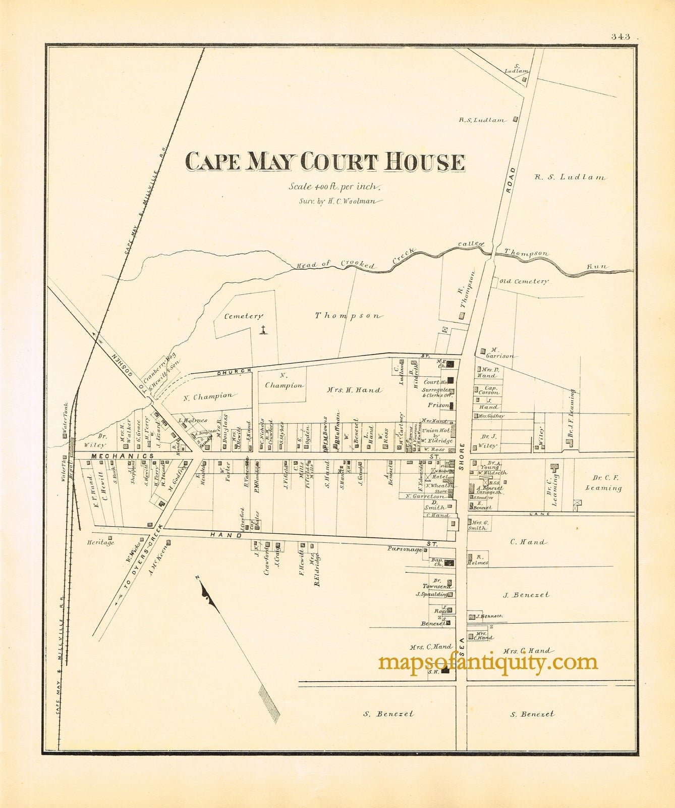 Black-and-White-Engraved-Antique-Map-Cape-May-Court-House-N.J.-United-States-New-Jersey-1878-Woolman-&-Rose-Maps-Of-Antiquity