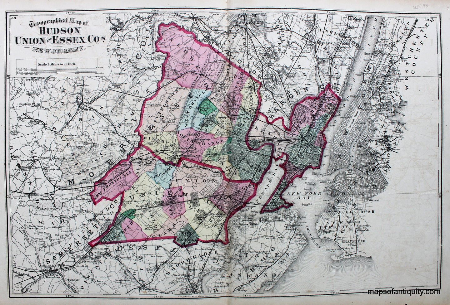 Antique-Hand-Colored-Map-Hudson-Union-and-Essex-Counties-New-Jersey**********-United-States-New-Jersey-1872-Beers-Maps-Of-Antiquity