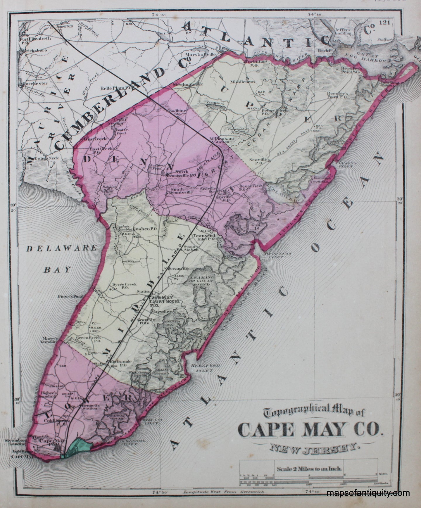 Antique-Hand-Colored-Map-Topographical-Map-of-Cape-May-County-New-Jersey-**********-United-States-New-Jersey-1872-Beers-Maps-Of-Antiquity