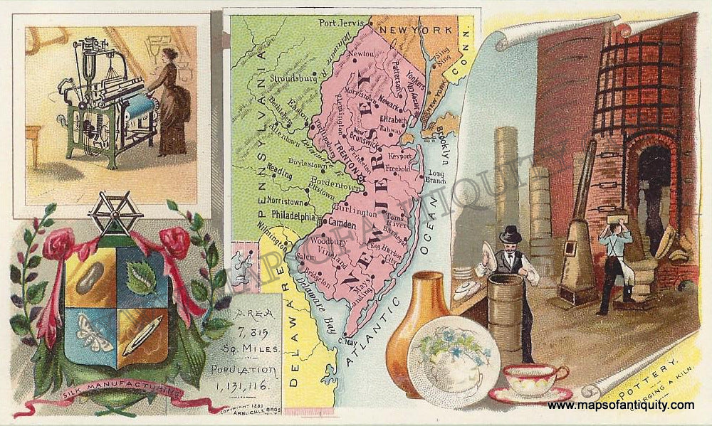 Antique-Chromolithograph-Map-New-Jersey-1890-Arbuckle-1800s-19th-century-Maps-of-Antiquity