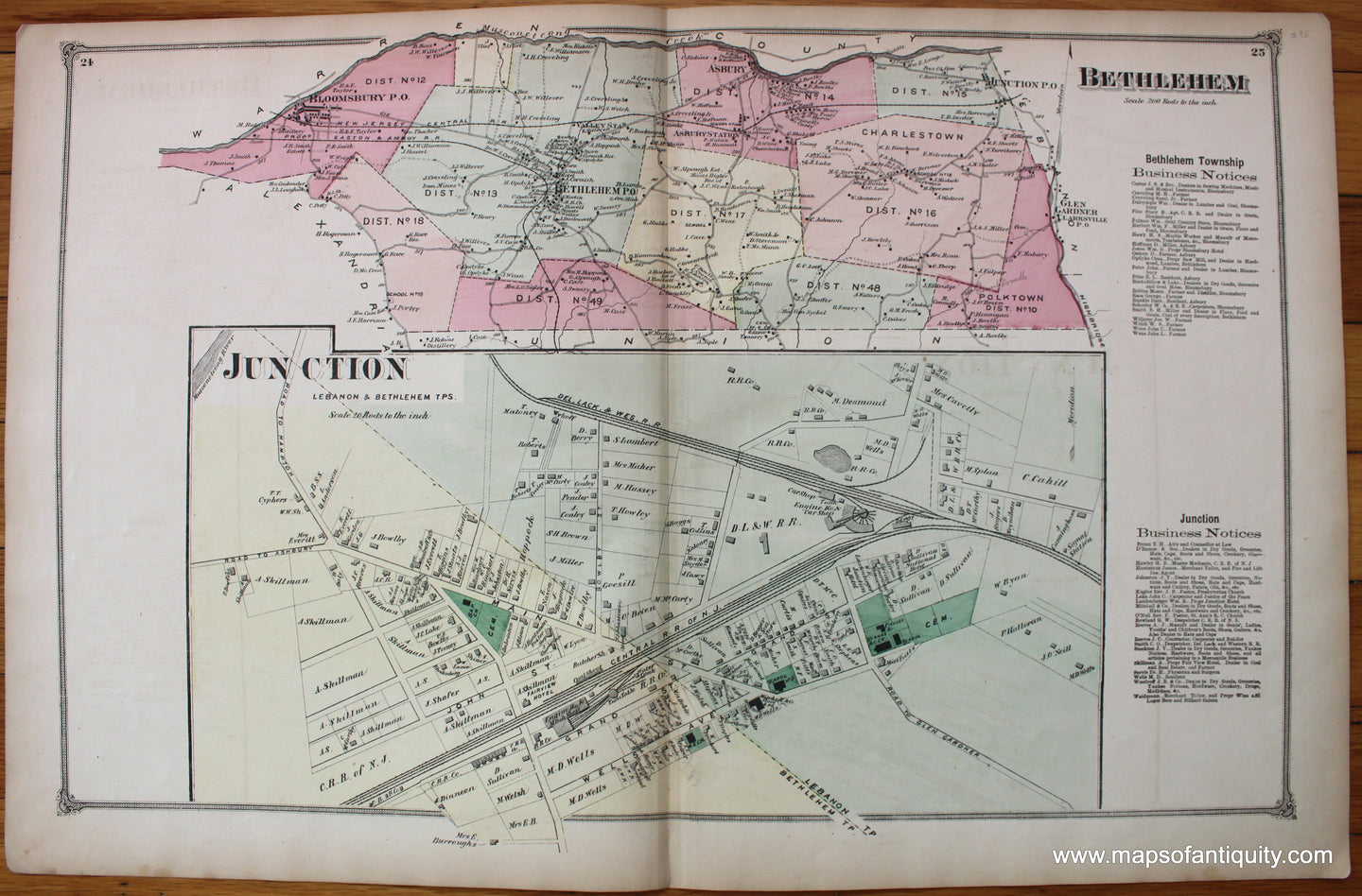 Antique-Hand-Colored-Map-Bethlehem-New-Jersey-1872-F.W.-Beers-New-Jersey-1800s-19th-century-Maps-of-Antiquity