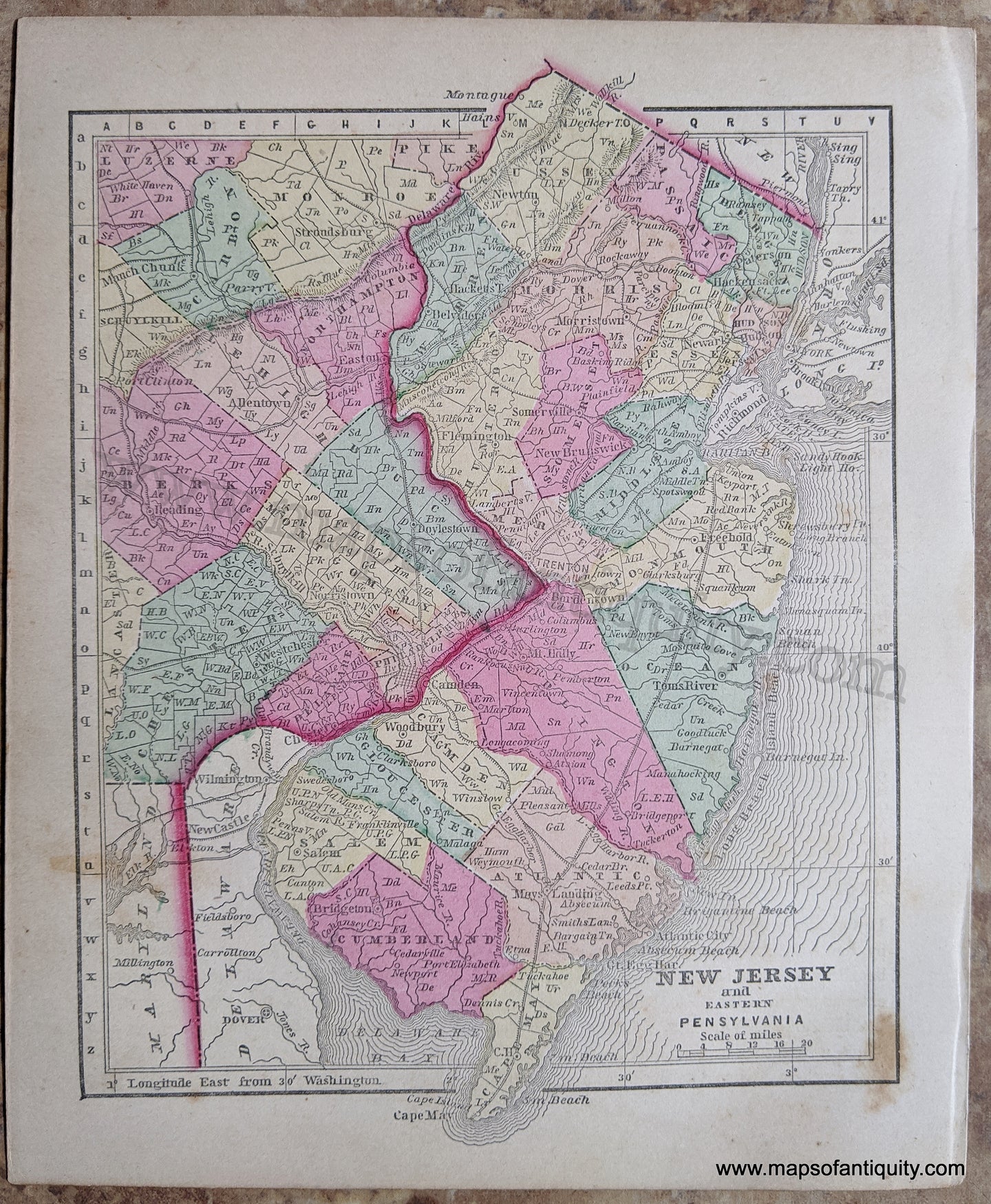 Antique-Hand-Colored-Map-New-Jersey-and-Eastern-Pensylvania-United-States-New-Jersey-1857-Morse-and-Gaston-Maps-Of-Antiquity-1800s-19th-century