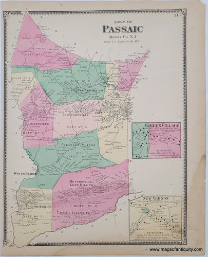 Genuine-Antique-Hand-colored-Map-Town-of-Passaic-Morris-Co-NJ-1868-Beers-Ellis-Soule-Maps-Of-Antiquity