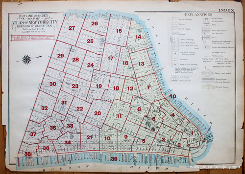 Antique-Printed-Color-Map-Outline-and-Index-Map-of-Atlas-of-New-York-City-Borough-of-Manhattan-Battery-to-14th-Street-United-States-Northeast-1916-Bromley-Maps-Of-Antiquity-1900s-20th-century