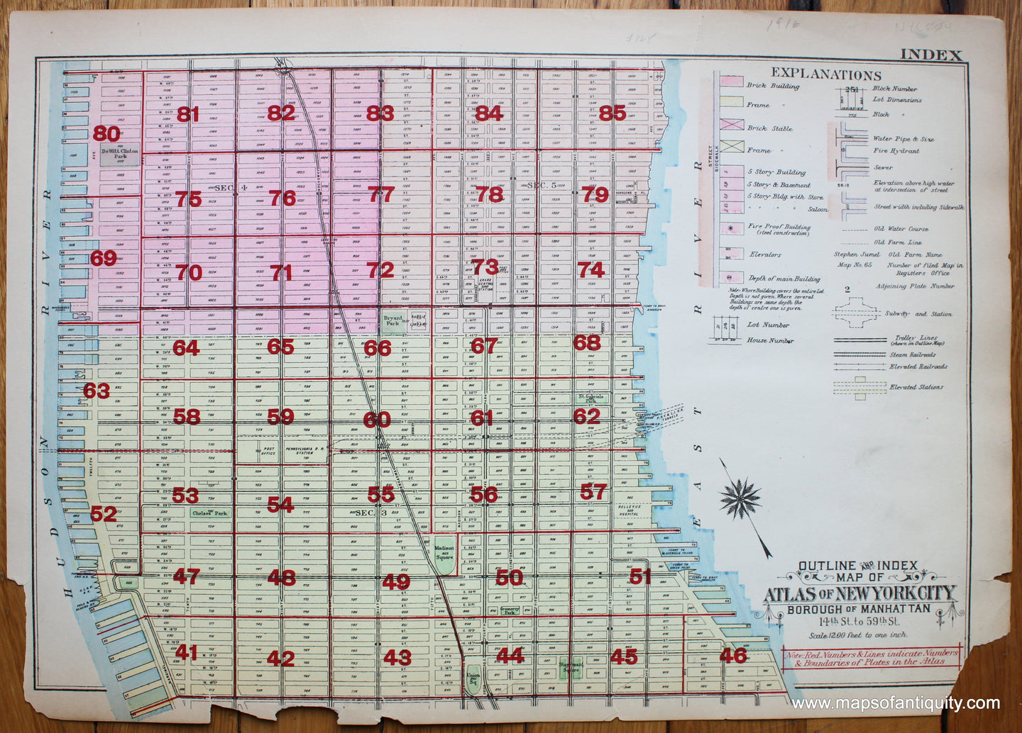 Antique-Printed-Color-Map-Outline-and-Index-Map-of-Volume-Two-Atlas-of-New-York-City-Borough-of-Manhattan-14th-Street-to-59th-Street-United-States-Northeast-1916-Bromley-Maps-Of-Antiquity-1900s-20th-century