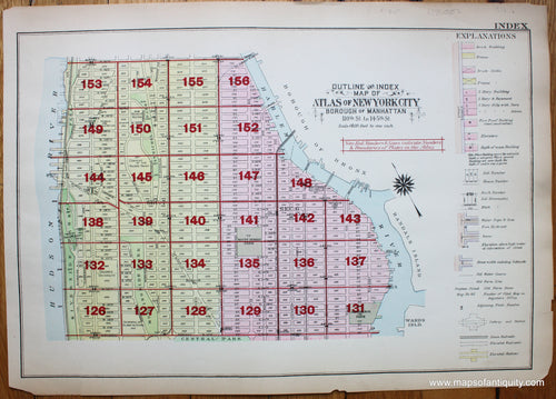 Antique-Printed-Color-Map-Outline-and-Index-Map-of-Volume-Four-Atlas-of-New-York-City-Borough-of-Manhattan-110th-Street-to-145th-Street-United-States-Northeast-1916-Bromley-Maps-Of-Antiquity-1900s-20th-century