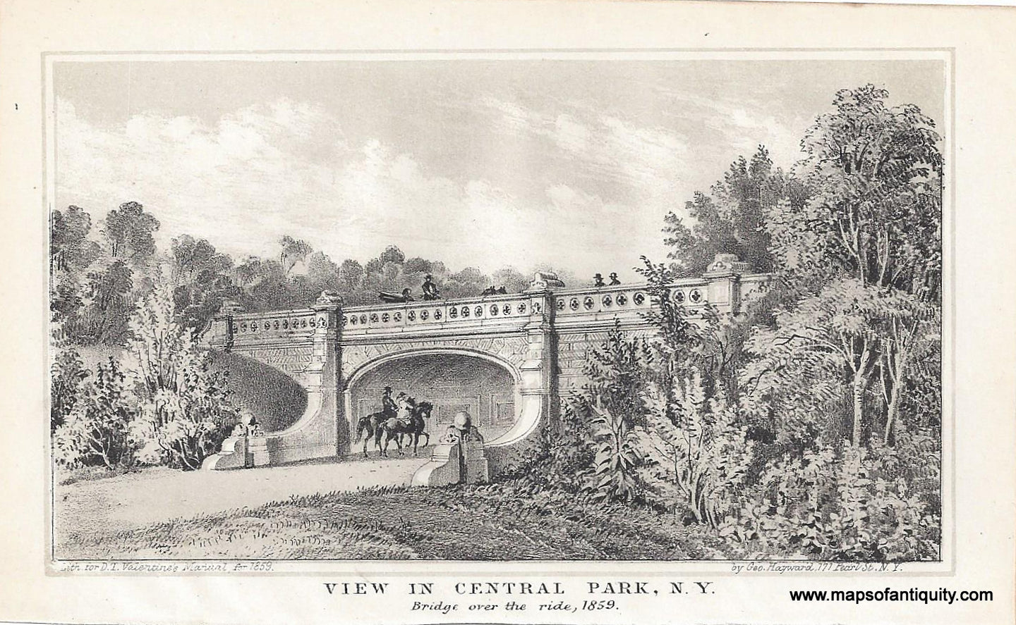 Antique Print View in Central Park, New York City, specifically the Bridge over the ride. Charming image shows riders on horseback going under the bridge while a carriage and pedestrians cross above. 1859, Hayward, Valentine's Manual, Maps of Antiquity