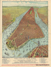 Load image into Gallery viewer, Antique bird&#39;s-eye view map of Manhattan from the southern end looking north. Includes bits of Brooklyn, Jersey City, and Queens. The rivers are crowded with ships and the Brooklyn Bridge is prominent. Bright original color, mostly red for the roofs of buildings, green for parks and rural areas farther away from the city, and blue water.
