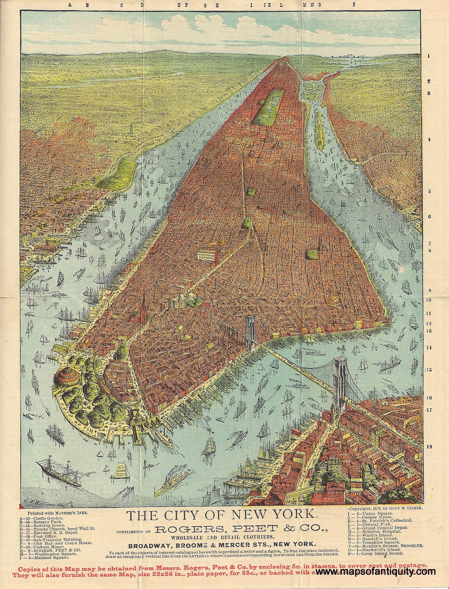 Antique bird's-eye view map of Manhattan from the southern end looking north. Includes bits of Brooklyn, Jersey City, and Queens. The rivers are crowded with ships and the Brooklyn Bridge is prominent. Bright original color, mostly red for the roofs of buildings, green for parks and rural areas farther away from the city, and blue water.