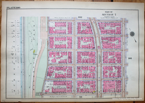 Antique-Printed-Color-Map-Plate-100---Part-of-Section-7-United-States-Northeast-1916-Bromley-Maps-Of-Antiquity-1900s-20th-century