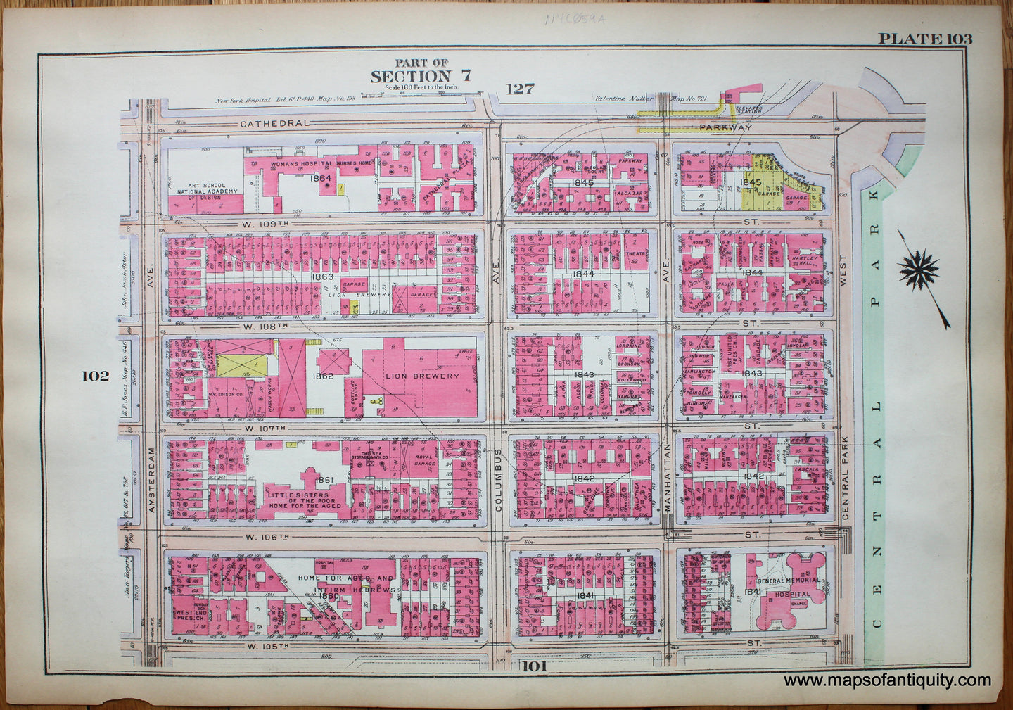 Antique-Printed-Color-Map-Plate-103---Part-of-Section-7-United-States-Northeast-1916-Bromley-Maps-Of-Antiquity-1900s-20th-century