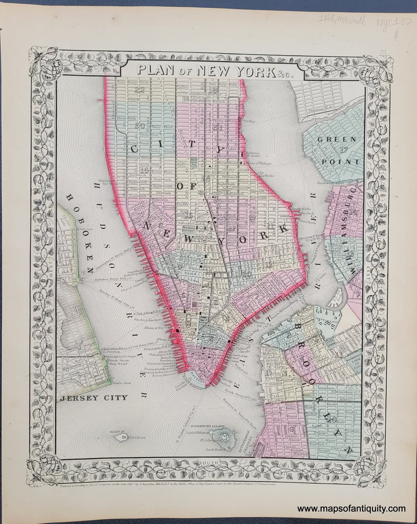 Antique-Hand-Colored-Map-Plan-of-New-York-1868-Mitchell-Maps-Of-Antiquity