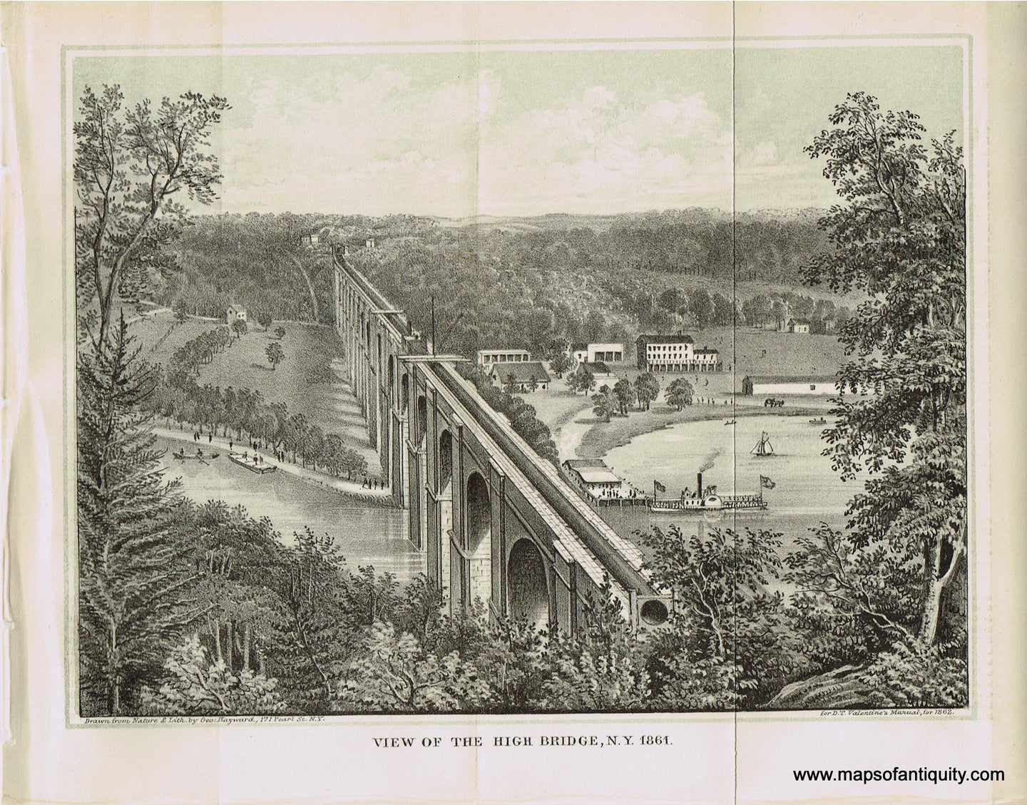 Genuine-Antique-Print-View-of-The-High-Bridge-N-Y-1861-1862-Valentines-Manual-Maps-Of-Antiquity