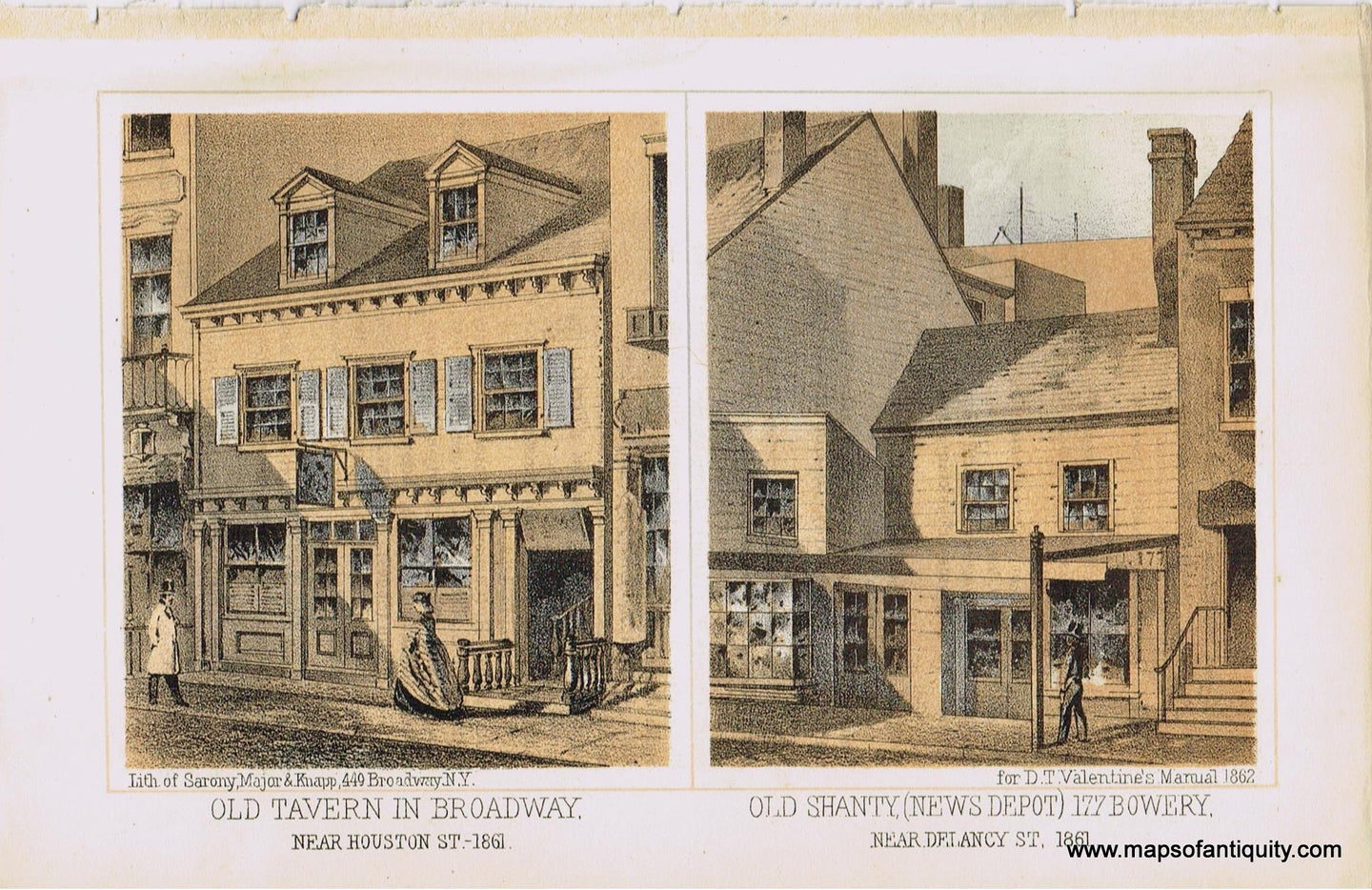 Genuine-Antique-Print-Old-Tavern-in-Broadway-near-Houston-St-1861---Old-Shanty-(News-Depot)-177-Bowery-near-Delancy-St-1861-1862-Valentines-Manual-Maps-Of-Antiquity