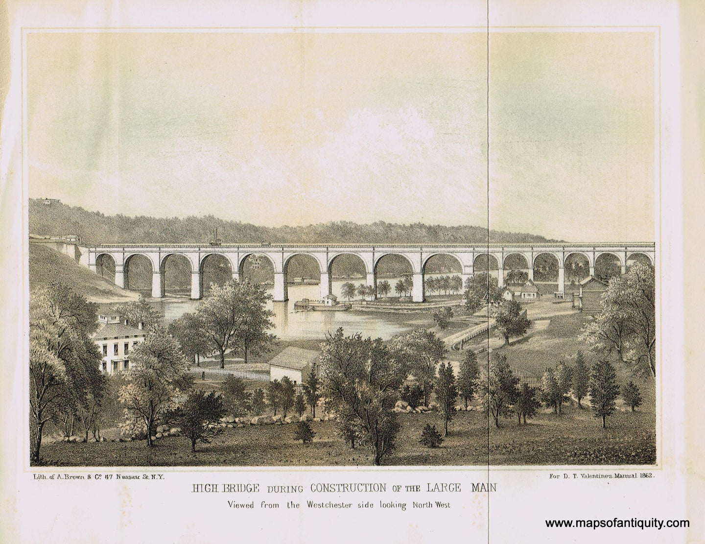 Genuine-Antique-Print-High-Bridge-During-Construction-of-The-Large-Main-Viewed-from-The-Westchester-Side-Looking-North-West--1862-Valentines-Manual-Maps-Of-Antiquity