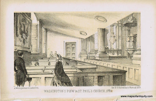 Genuine-Antique-Print-Washington's-Piew-in-St-Paul's-Church-1789--1859-Antique-Prints-New-York-City-Maps-Of-Antiquity