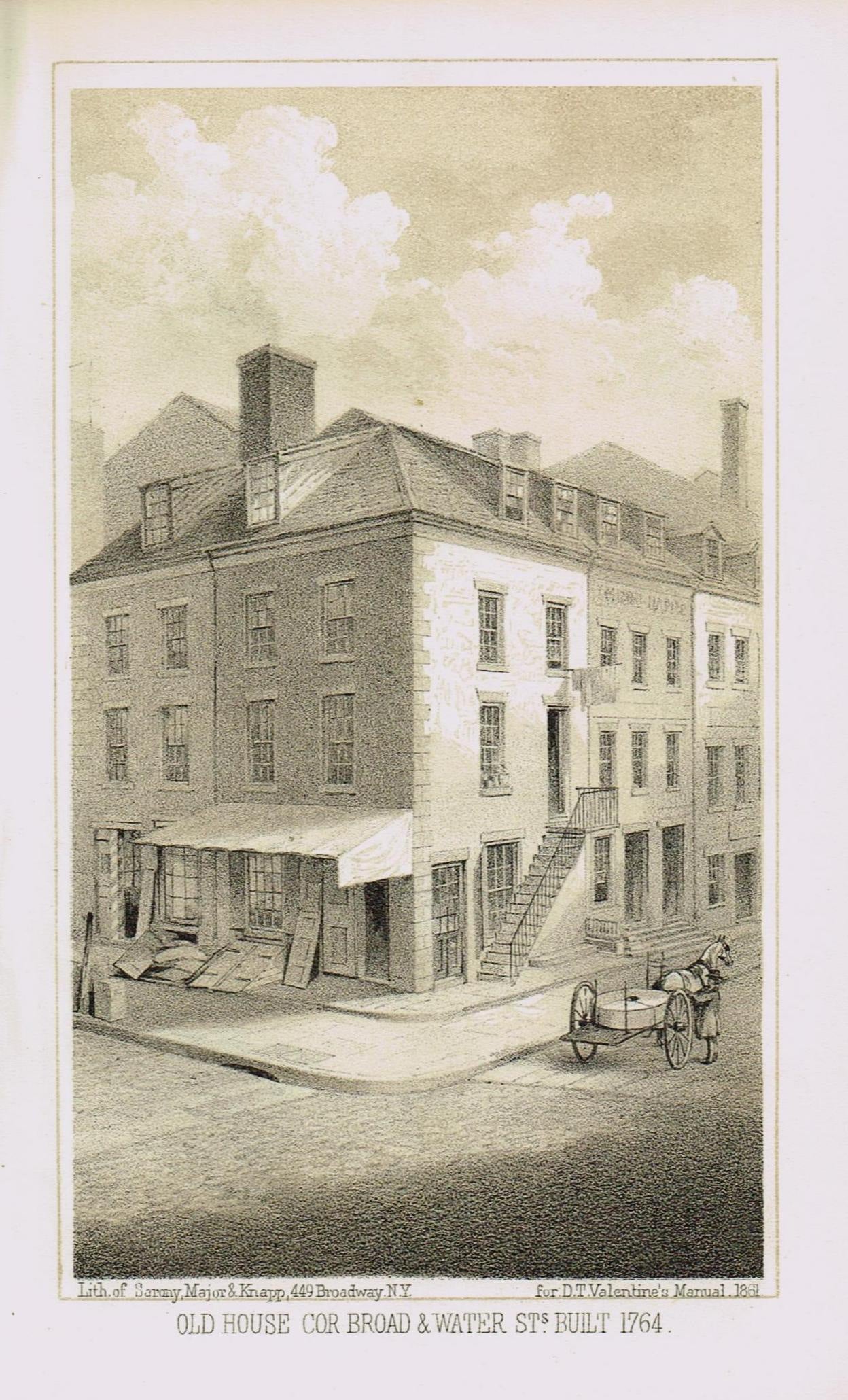 Genuine-Antique-Print-Old-House-Cor-Broad-Water-Streets-Built-1764-1861-Valentines-Manual-Maps-Of-Antiquity