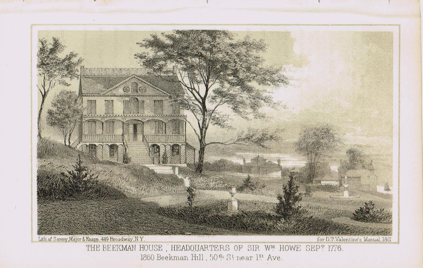 Genuine-Antique-Print-The-Beekman-House-Headquarters-of-Sir-William-Howe-Sept-1776-1860-Beekman-Hill-50th-Street-near-1st-Ave--1861-Valentines-Manual-Maps-Of-Antiquity