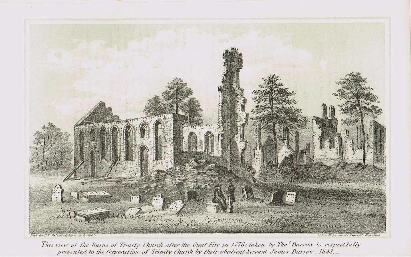 Genuine-Antique-Print-This-view-of-the-Ruins-of-Trinity-Church-after-the-Great-Fire-in-1776--taken-by-Thomas-Barrow-is-respectfully-presented-to-the-Corporation-of-Trinity-Church-by-their-obedient-Servant-James-Barrow-1841-1861-Valentines-Manual-Maps-Of-Antiquity