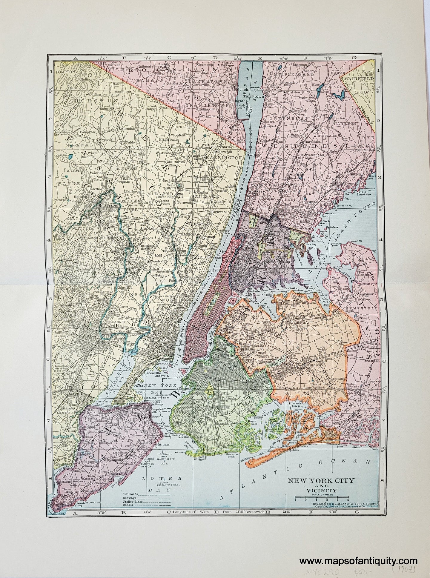 Genuine-Antique-Map-New-York-City-and-Vicinity-1907-Hammond-Maps-Of-Antiquity