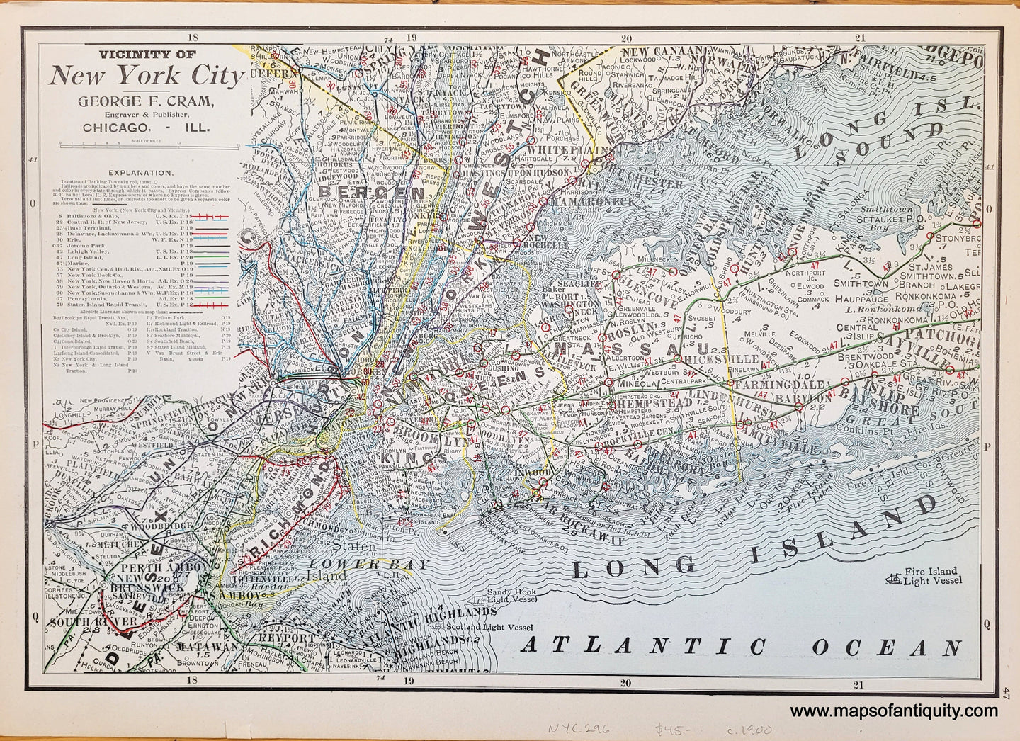 Genuine-Antique-Map-Vicinity-of-New-York-City-1900-circa-Cram-Maps-Of-Antiquity
