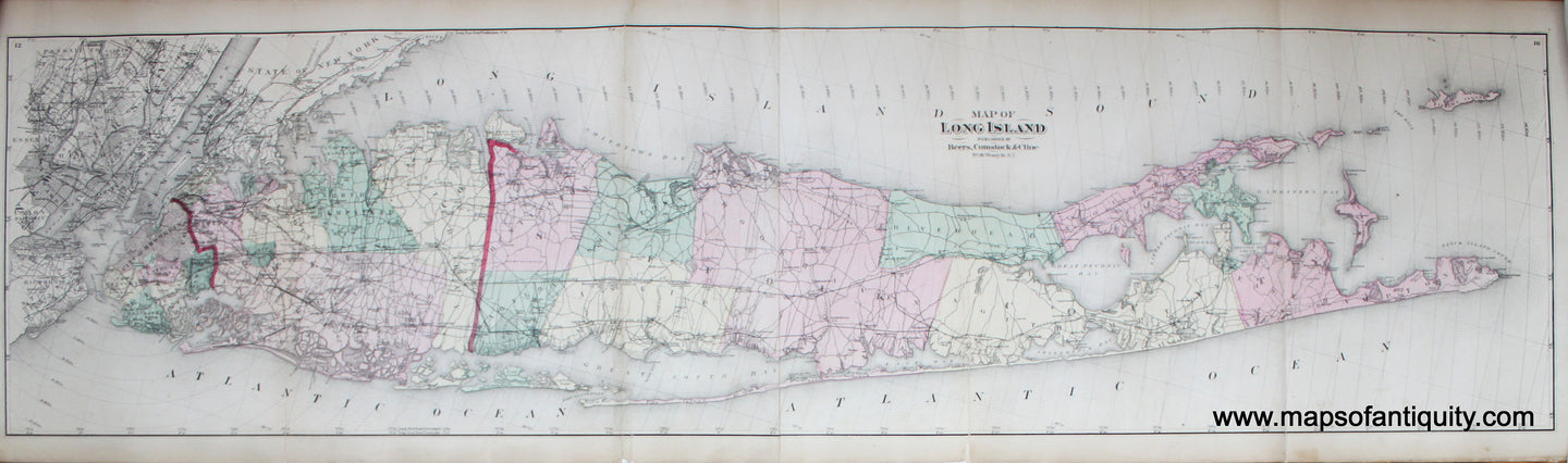 Antique-Hand-Colored-Map-Map-of-Long-Island-**********-United-States-Northeast-1873-Beers-Comstock-&-Cline-Maps-Of-Antiquity