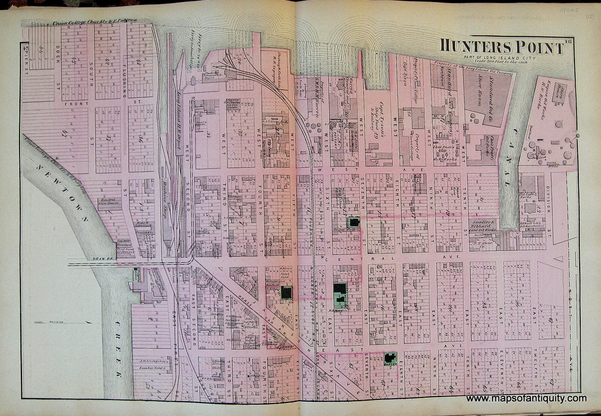 Antique-Hand-Colored-Map-Hunters-Point-New-York-verso-Part-of-Astoria-Middle-Village-and-Winfield-United-States-Northeast-1873-Beers-Maps-Of-Antiquity