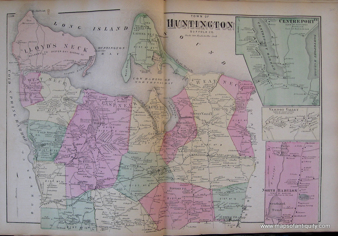 Antique-Hand-Colored-Map-Town-of-Huntington-Centreport-Vernon-Valley-North-Babylon-verso-Cold-Spring-Huntington-Harbor-Northport-Deer-Park-and-Amityville-(NY)-******-United-States-Northeast-1873-Beers-Maps-Of-Antiquity