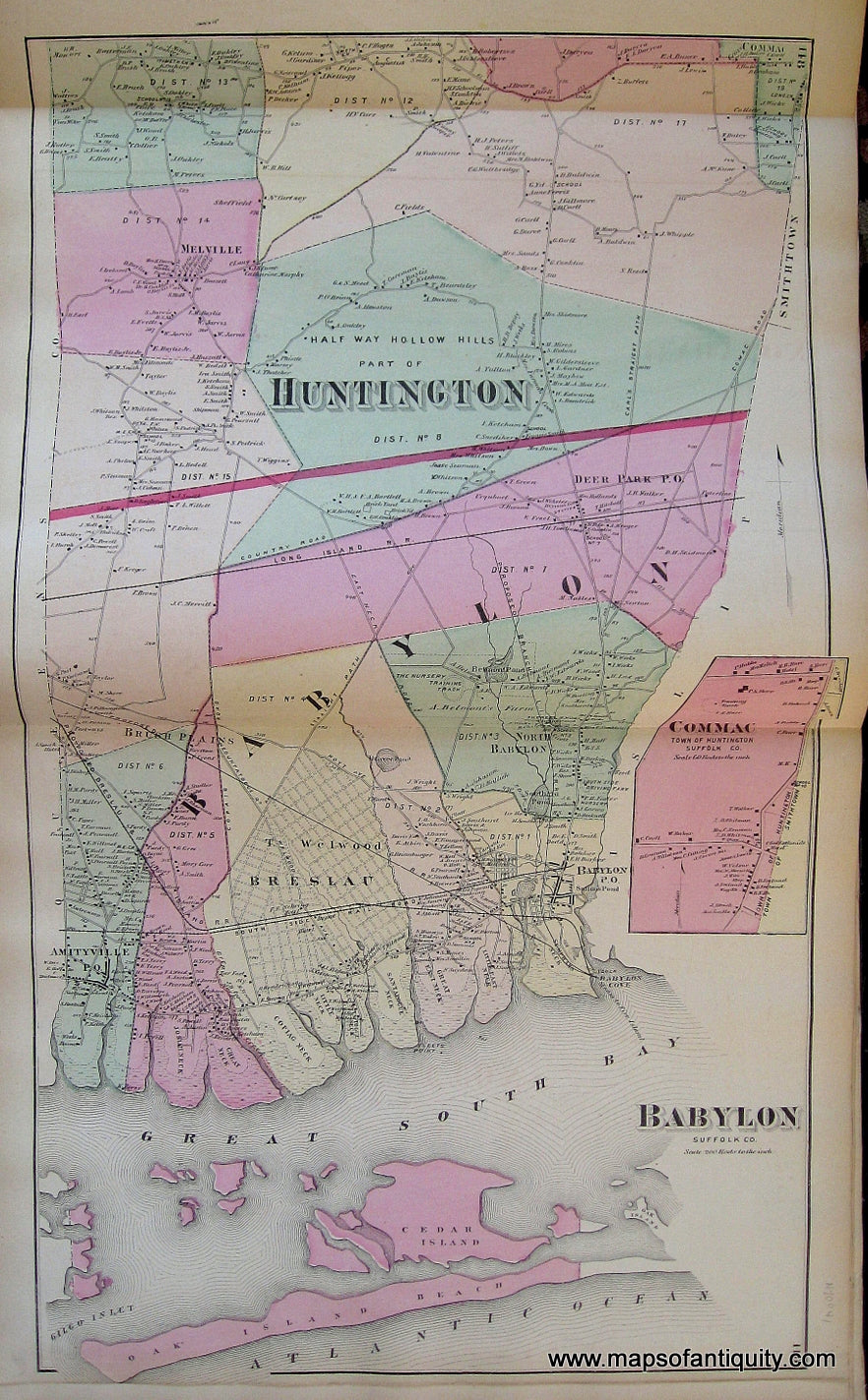Antique-Hand-Colored-Map-Part-of-Huntington-Babylon-Commac-(Commack)-verso-Babylon-Smithtown-and-Smithtown-Branch-(NY)-******-United-States-Northeast-1873-Beers-Maps-Of-Antiquity