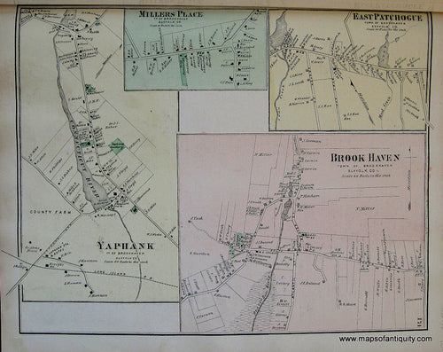 Antique-Hand-Colored-Map-Brookhaven-Yaphank-Millers-Place-and-East-Patchogue-(NY)-United-States-Northeast-1873-Beers-Maps-Of-Antiquity