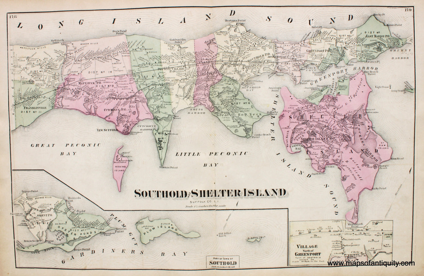 Antique-Hand-Colored-Map-Southold-and-Shelter-Island-verso-Cutchogue-Peconic-Village-East-Marion-Orient-New-Suffolk-and-Village-Adjoining-Southold-(NY)-**********-United-States-Northeast-1873-Beers-Maps-Of-Antiquity